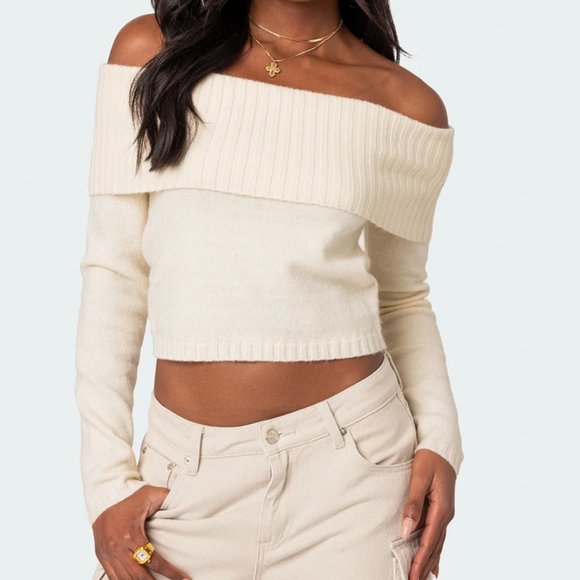 Edikted Sweaters - Edikted Cream Off The Shoulder Knit Sweater